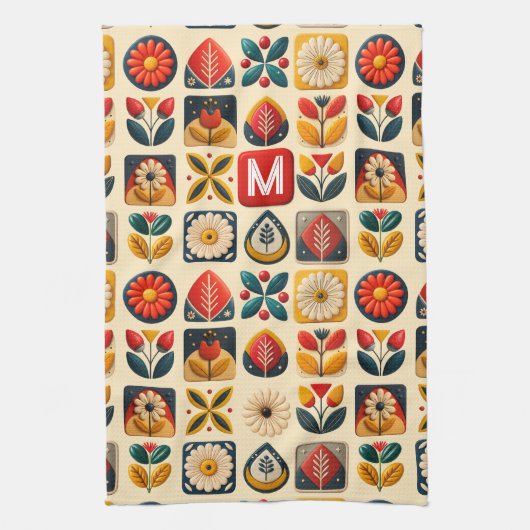 Retro Folk Bloemen met gepersonaliseerd monogram Theedoek (Verticaal)