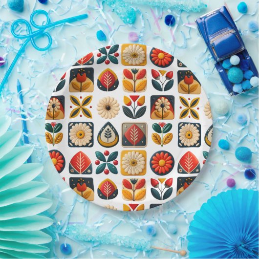 Retro Folk Bloemen Mozaïek Party Charm Papieren Bordje (Feest)