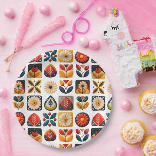 Retro Folk Bloemen Mozaïek Party Charm Papieren Bordje (Feest)