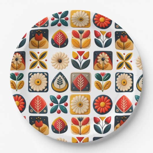 Retro Folk Bloemen Mozaïek Party Charm Papieren Bordje (Voorkant)