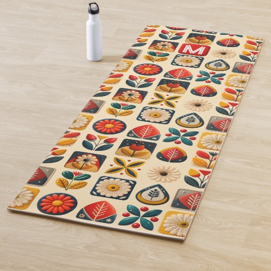 Retro Folk Bloemen Yoga Ontwerp Yogamat (In situ)