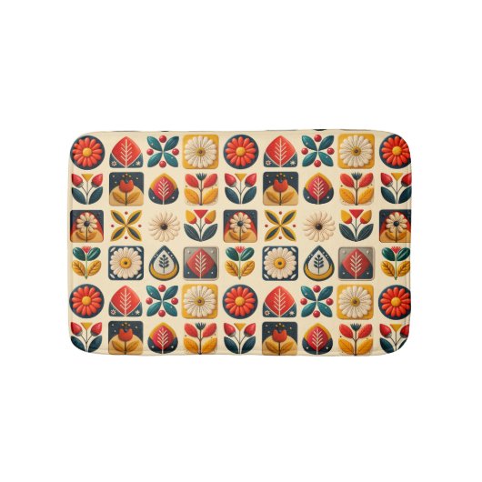 Retro Folk Bloemenpatroon in warme kleuren Badmat (Voorkant)
