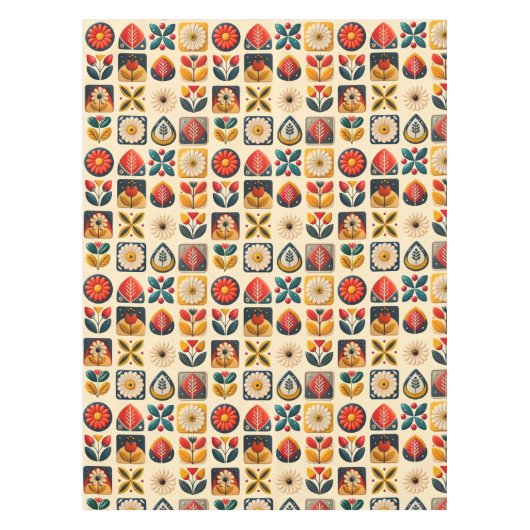 Retro Folk Bloemenpatroon in warme kleuren Tafelkleed (Voorkant)