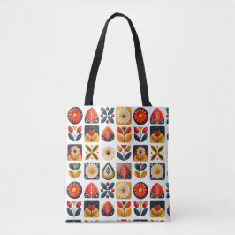Retro Folk Bloemenpatroon in warme  kleuren Tote Bag