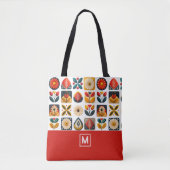 Retro folk bloemmotief monogram tote bag (Voorkant)