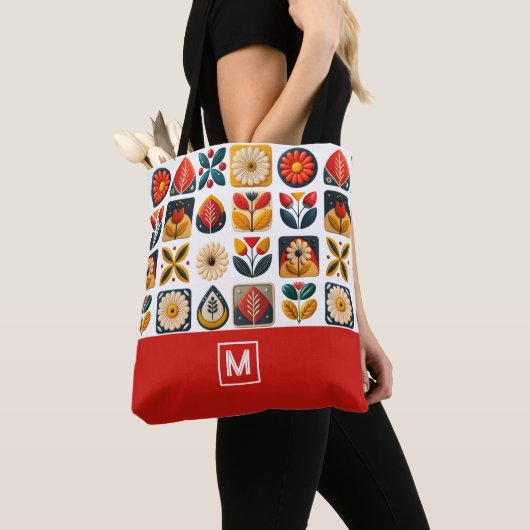 Retro folk bloemmotief monogram tote bag (Dichtbij)