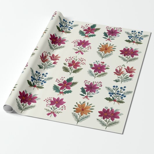 Retro Folk Floral Christmas Cadeaupapier (Uitgerold)