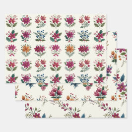 Retro Folk Floral Christmas Inpakpapier Vel
