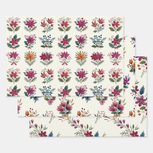 Retro Folk Floral Christmas Inpakpapier Vel (Set)