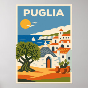 Retro Folk Puglië Italië Olijfboom Trullo Reizen Poster