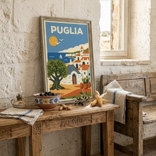 Retro Folk Puglië Italië Olijfboom Trullo Reizen Poster