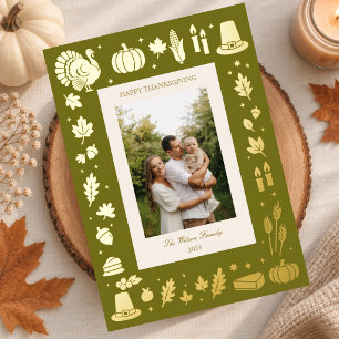 Retro Folk Thanksgiving-icoon Familie Foto Folie Feestdagenkaart