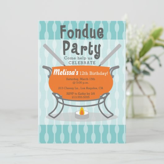 Retro Fondue Party Verjaardag Uitnodiging (Staand voorkant)