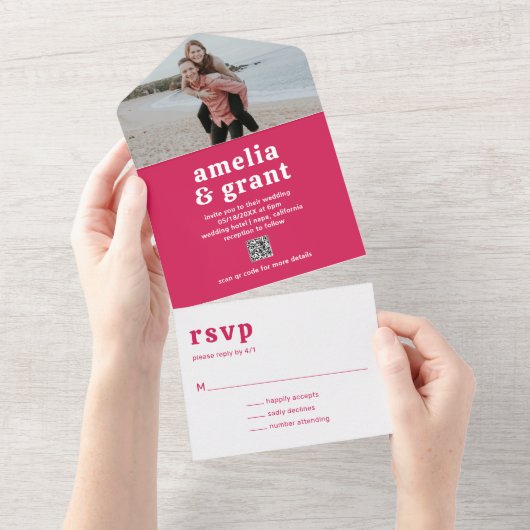 Retro Font Hot Roze QR Code Foto Moderne bruiloft All In One Uitnodiging (Afscheurbaar)