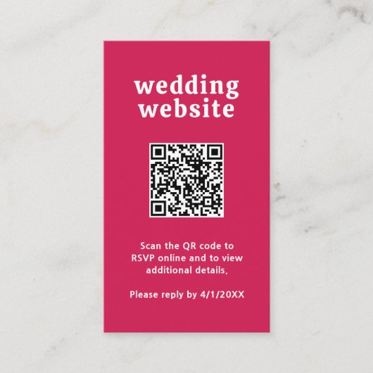 Retro Font Hot Roze QR Code Moderne bruiloft Informatiekaartje (Voorkant)