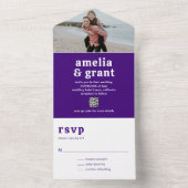 Retro Font Paarse QR Code Foto Moderne bruiloft All In One Uitnodiging (Binnen)