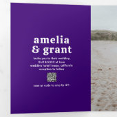 Retro Font Paarse QR Code Foto Moderne bruiloft Drieluik Uitnodiging (Binnenzijde eerst)