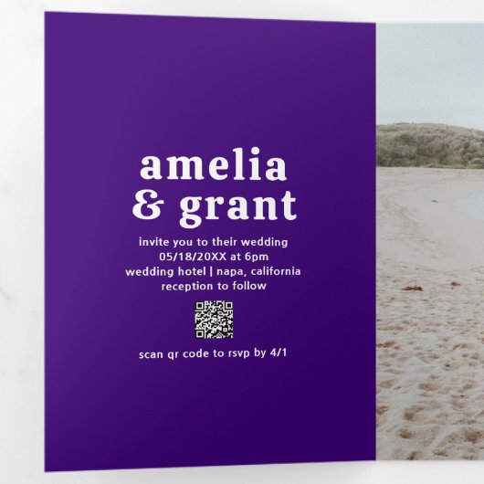 Retro Font Paarse QR Code Foto Moderne bruiloft Drieluik Uitnodiging (Binnenzijde eerst)