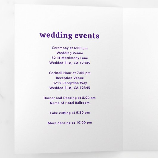 Retro Font Paarse QR Code Foto Moderne bruiloft Drieluik Uitnodiging (Binnenzijde eerst)