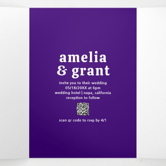 Retro Font Paarse QR Code Foto Moderne bruiloft Drieluik Uitnodiging (Binnenkant midden)