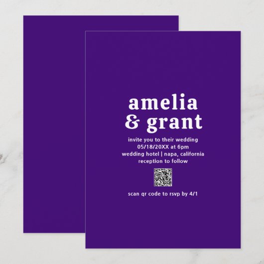 Retro Font Paarse QR Code Modern Wedding Kaart (Voorkant / Achterkant)
