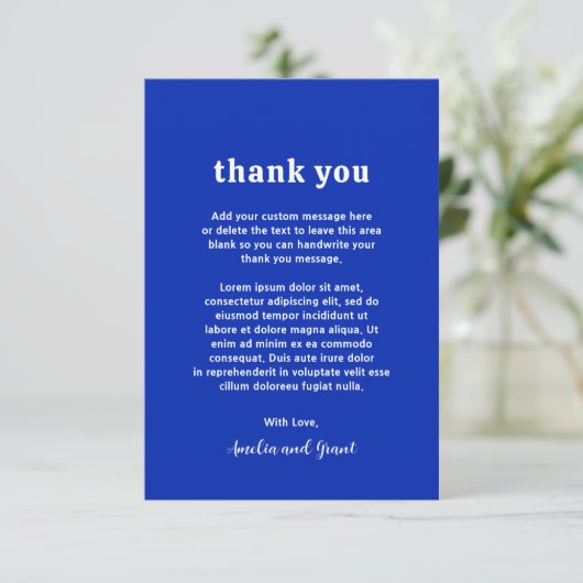 Retro Font Royal Blue Moderne bruiloft Bedankkaart (Staand voorkant)