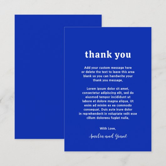 Retro Font Royal Blue Moderne bruiloft Bedankkaart (Voorkant / Achterkant)