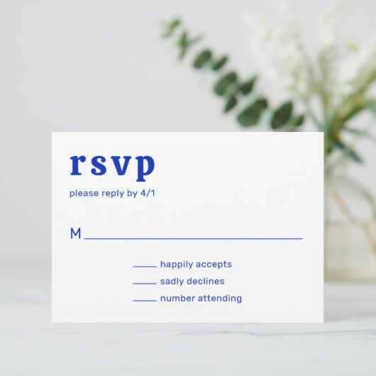 Retro Font Royal Blue Moderne bruiloft RSVP Kaartje (Staand voorkant)