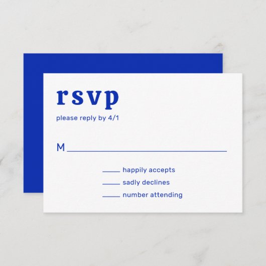 Retro Font Royal Blue Moderne bruiloft RSVP Kaartje (Voorkant / Achterkant)