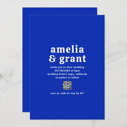 Retro Font Royal Blue QR Code Moderne bruiloft Kaart (Voorkant / Achterkant)