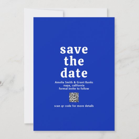 Retro Font Royal Blue QR Code Moderne bruiloft Save The Date (Voorkant)