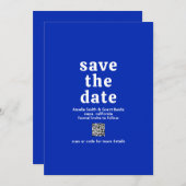Retro Font Royal Blue QR Code Moderne bruiloft Save The Date (Voorkant / Achterkant)