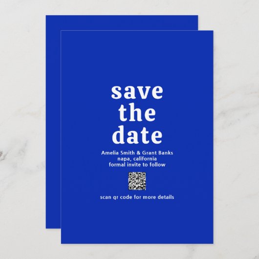 Retro Font Royal Blue QR Code Moderne bruiloft Save The Date (Voorkant / Achterkant)