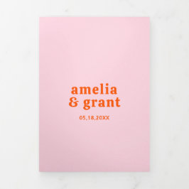 Retro Font Sinaasappel en Roze QR Code Fotobruilof Drieluik Uitnodiging