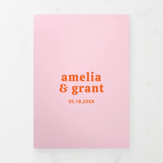 Retro Font Sinaasappel en Roze QR Code Fotobruilof Drieluik Uitnodiging (Cover)