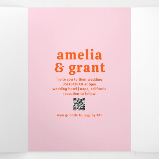 Retro Font Sinaasappel en Roze QR Code Fotobruilof Drieluik Uitnodiging (Binnenkant midden)