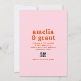 Retro Font Sinaasappel en Roze QR Code Modern Wedd Kaart