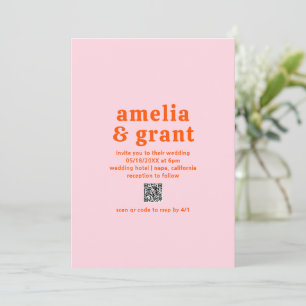 Retro Font Sinaasappel en Roze QR Code Modern Wedd Kaart