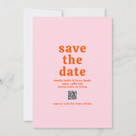 Retro Font Sinaasappel en Roze QR Code Modern Wedd Save The Date