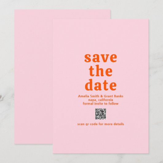 Retro Font Sinaasappel en Roze QR Code Modern Wedd Save The Date (Voorkant / Achterkant)