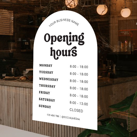 Retro Font Trendy Arch Bedrijfsnaam Openingstijden Raamsticker