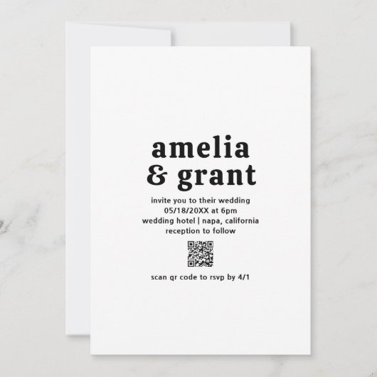 Retro Font Zwart en Wit QR Code Modern Wedding Kaart (Voorkant)