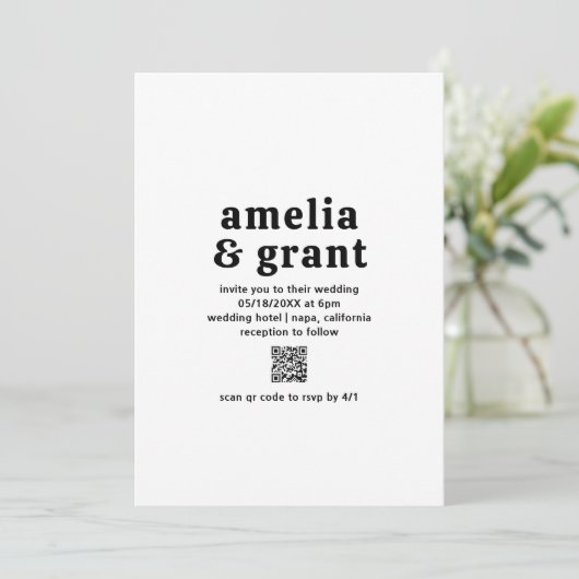 Retro Font Zwart en Wit QR Code Modern Wedding Kaart (Staand voorkant)