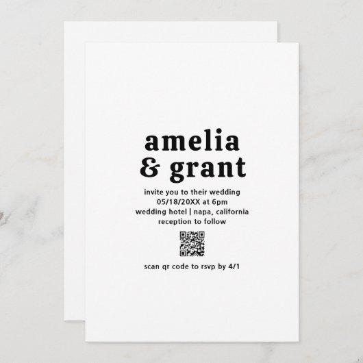 Retro Font Zwart en Wit QR Code Modern Wedding Kaart (Voorkant / Achterkant)