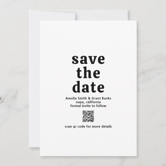 Retro Font Zwart en Wit QR Code Modern Wedding Save The Date (Voorkant)