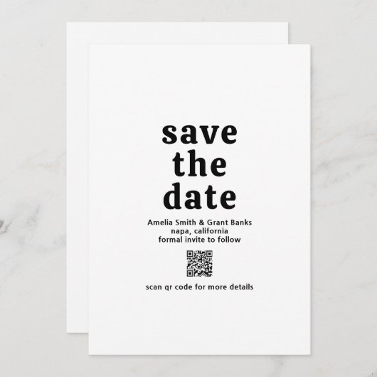 Retro Font Zwart en Wit QR Code Modern Wedding Save The Date (Voorkant / Achterkant)