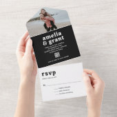 Retro Font Zwart QR Code Foto Moderne bruiloft All In One Uitnodiging (Afscheurbaar)