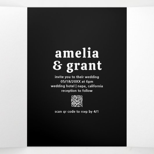 Retro Font Zwart QR Code Foto Moderne bruiloft Drieluik Uitnodiging (Binnenkant midden)
