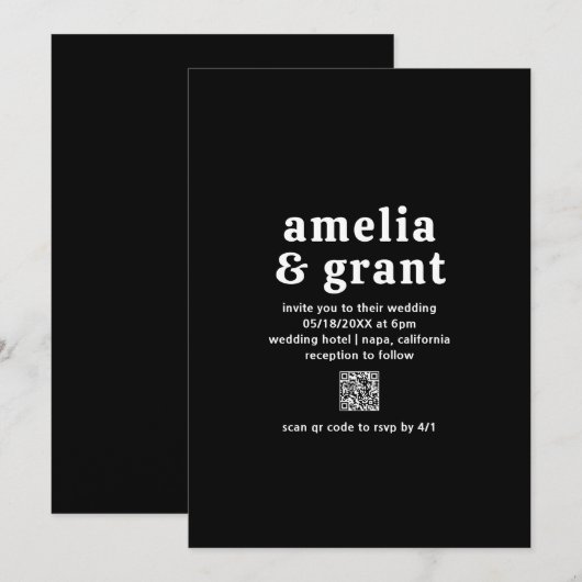 Retro Font Zwart QR Code Modern Wedding Kaart (Voorkant / Achterkant)