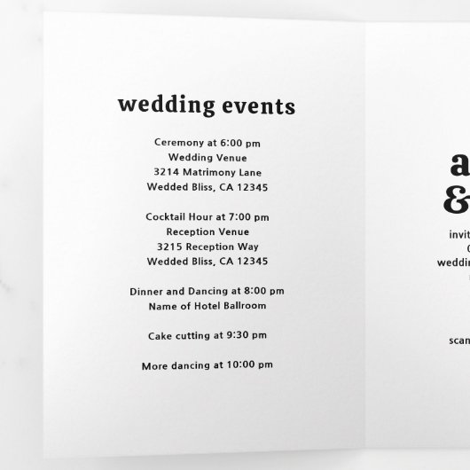 Retro Font Zwart-wit QR Code Foto Huwelijk Drieluik Uitnodiging (Binnenzijde eerst)